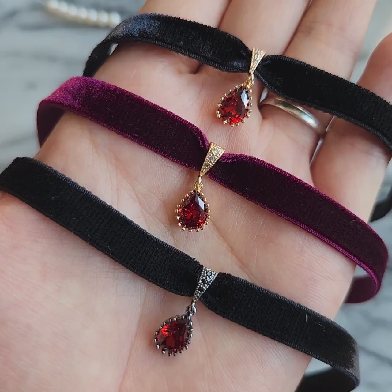 RUBY Deep Red Teardrop and Burgundy/Black Stretch Velvet Choker