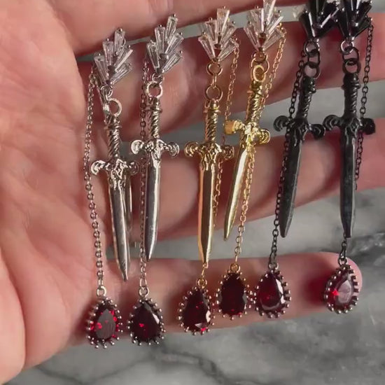 Sword and Blood Drop Dangle 2 Way Earrings / Gold,Silver, Black Deep Red Teardrop Earrings