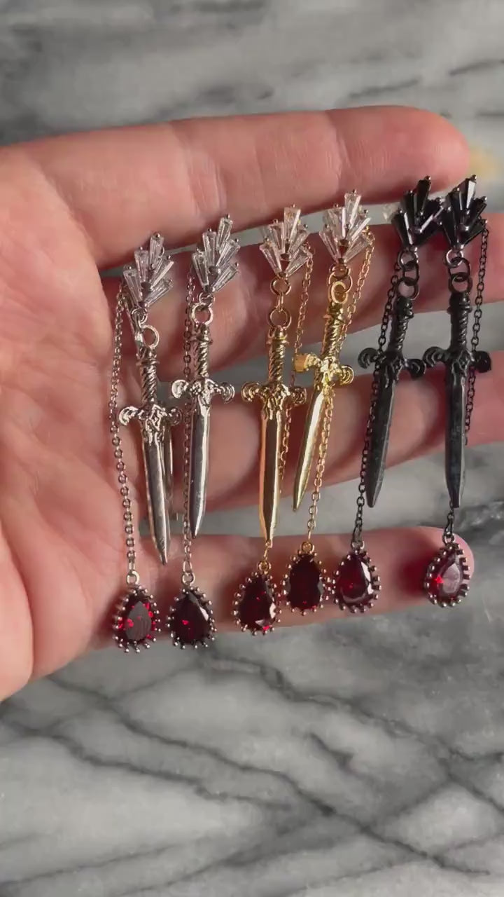 Sword and Blood Drop Dangle 2 Way Earrings / Gold,Silver, Black Deep Red Teardrop Earrings