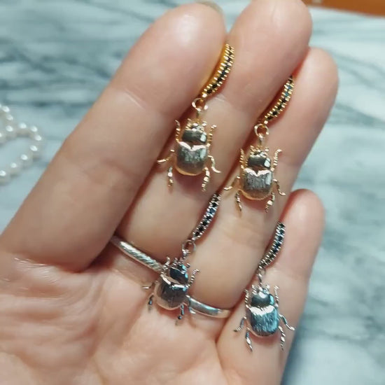 SCARAB Gold / Silver Egyptian Beetle Hoop / Huggie Earrings