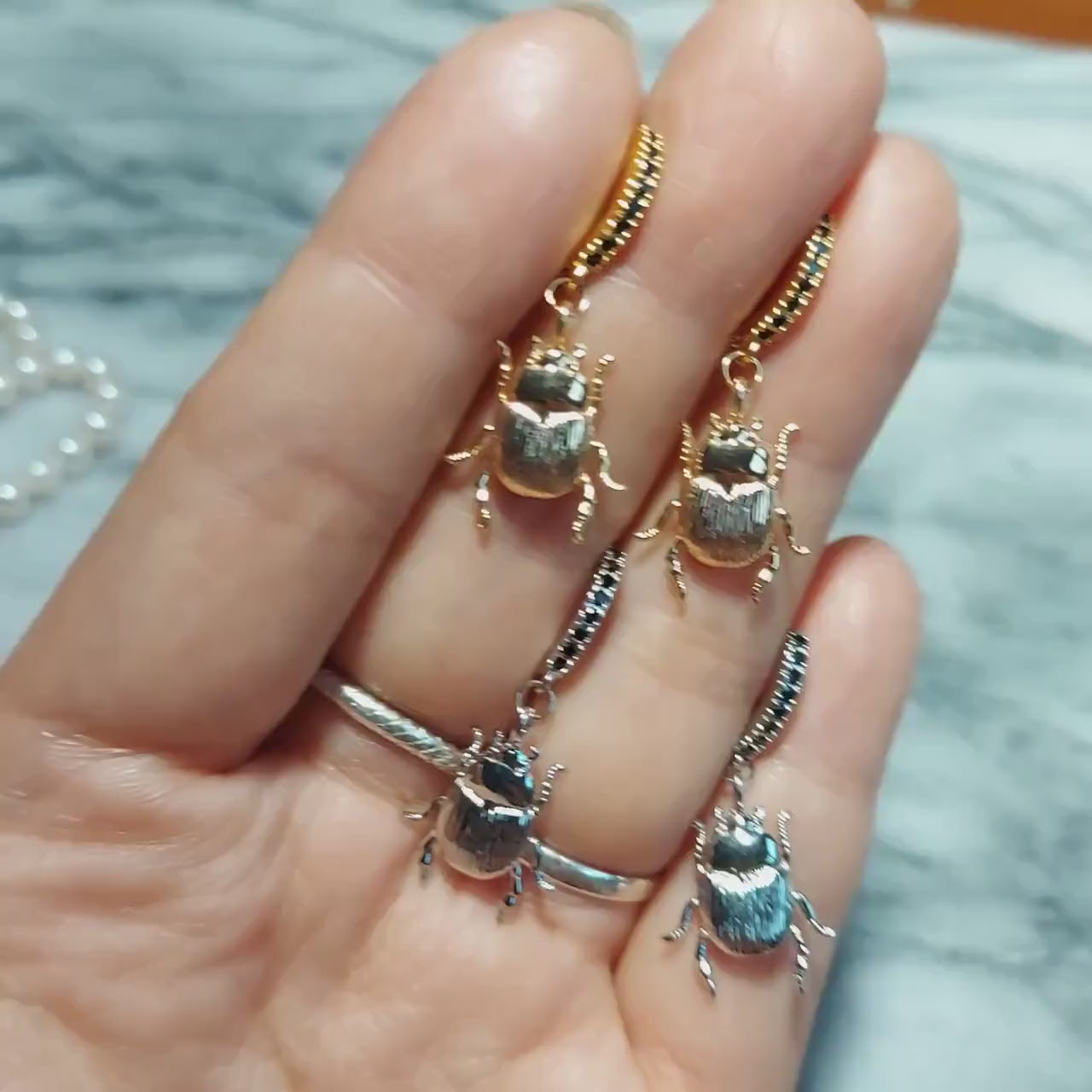 SCARAB Gold / Silver Egyptian Beetle Hoop / Huggie Earrings