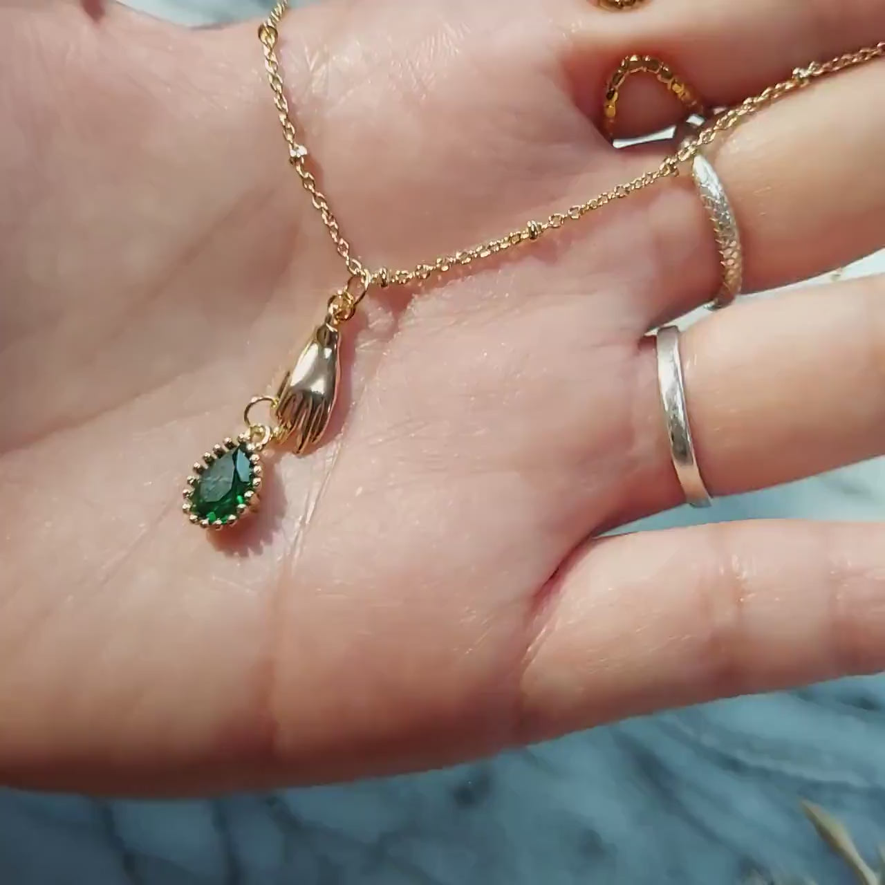 EVA Green Teardrop and Hand Dainty Necklace