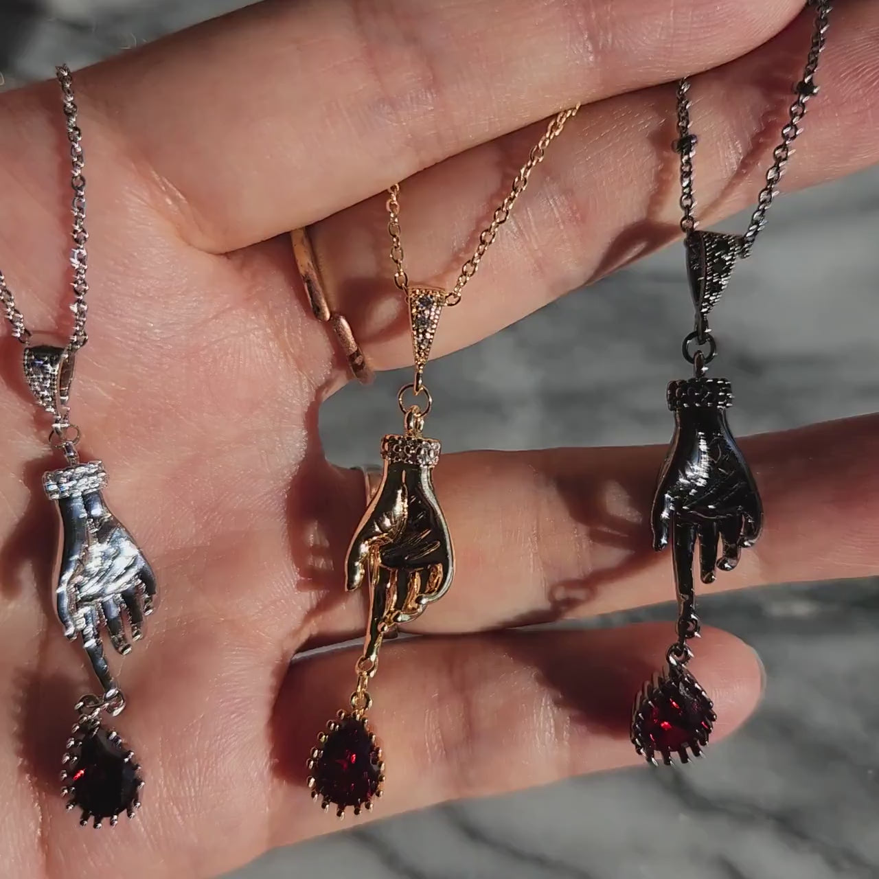 LADY MACBETH Gold / Silver / Black  Hand and Blooddrop Dainty Necklace