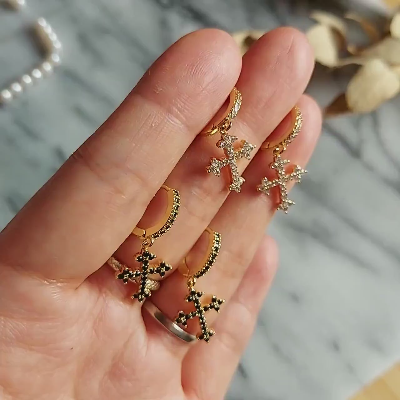 Gold Cross Clear/Black Huggie Earrings