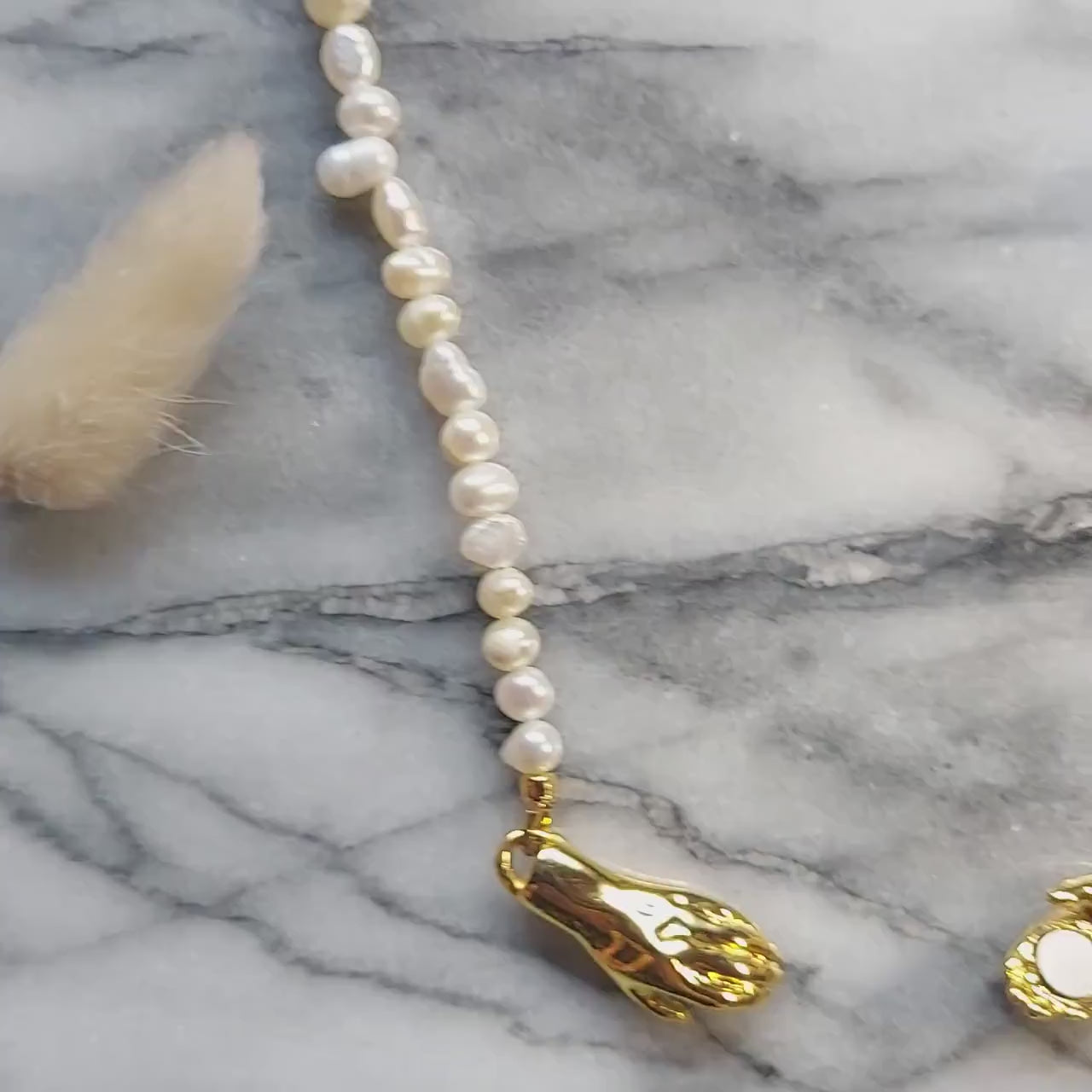 Gold / Silver Hand Holding Hand Pearl Strand Necklace, Magnet Clasp Freshwater Vintage Style Baroque Pearl Necklace
