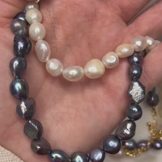 Genuine Baroque Big Pearl Necklace: White and Peacock Black Pearls, 18k Gold Plated Brass Clasp