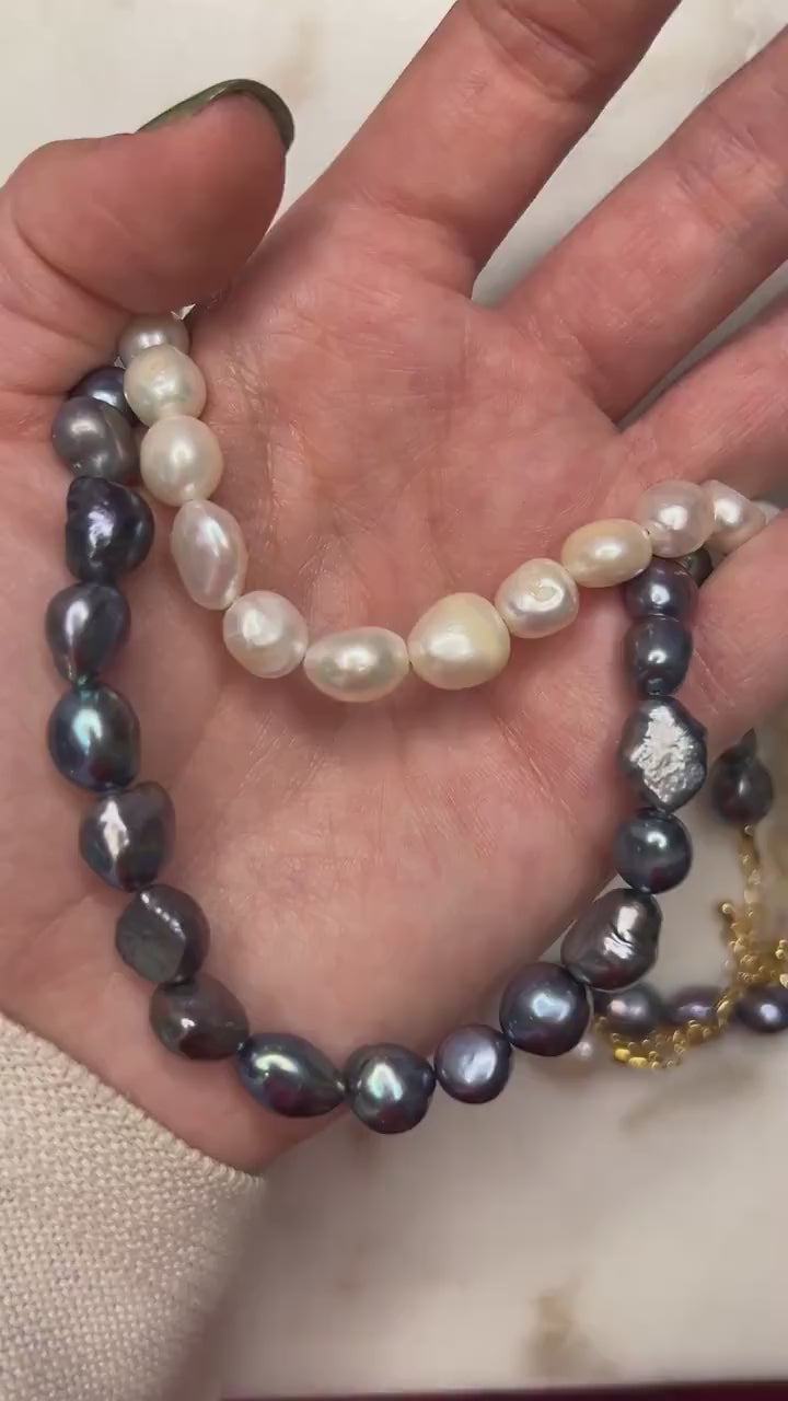 Genuine Baroque Big Pearl Necklace: White and Peacock Black Pearls, 18k Gold Plated Brass Clasp