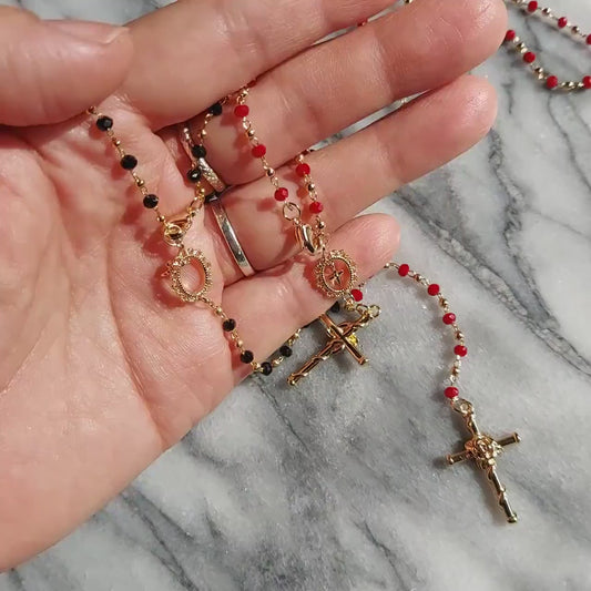 Black/Red/White and Gold Rosary Necklace / Cross Necklace /Lariat Necklace