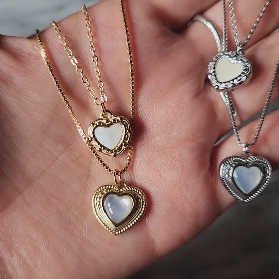 Antique Heart with Mother of Pearl Inlay Necklace Gold/Silver