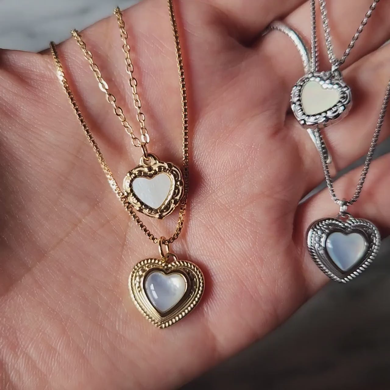 Antique Heart with Mother of Pearl Inlay Necklace Gold/Silver