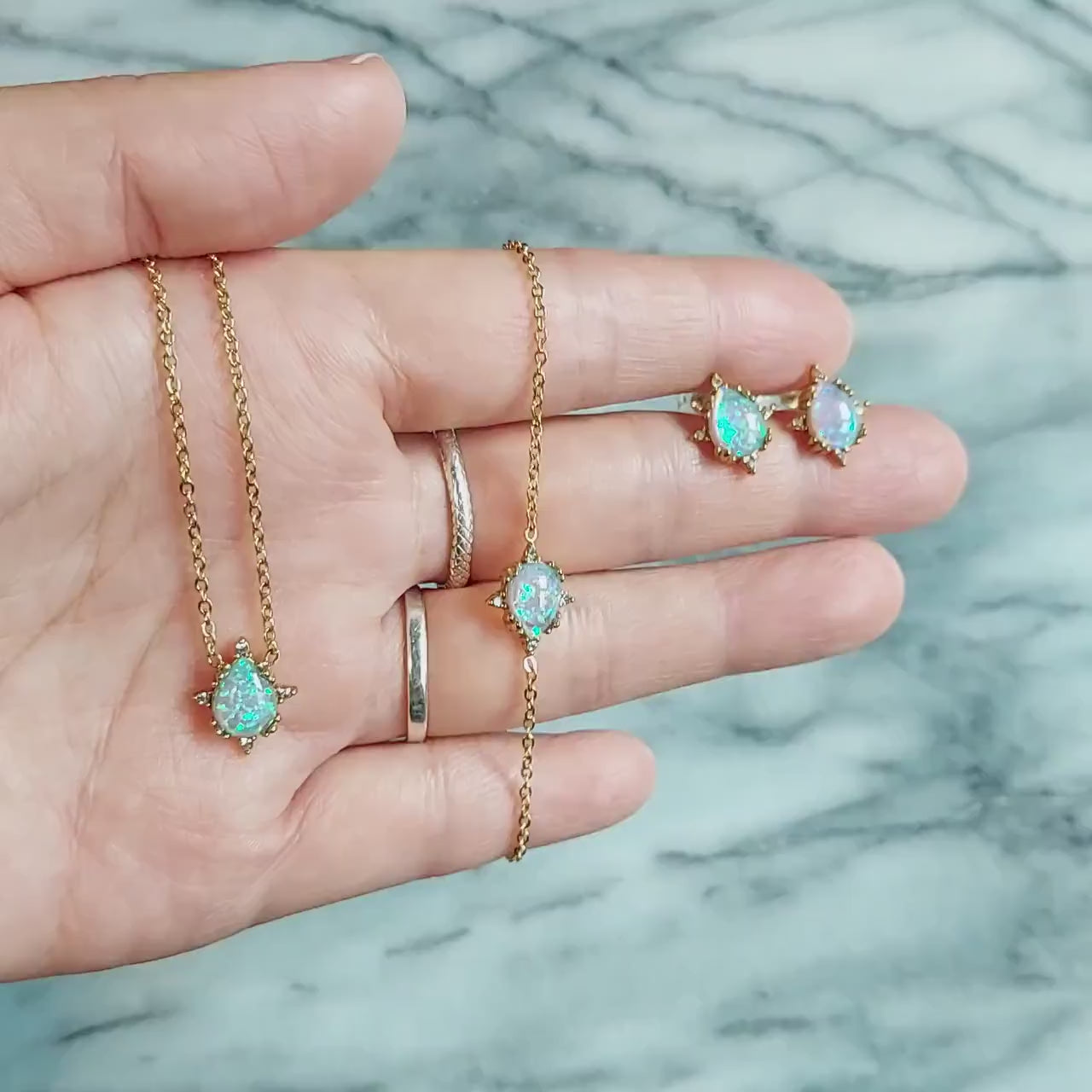 OPALITE Gold Jewellery set with Earrings, Bracelet and Necklace