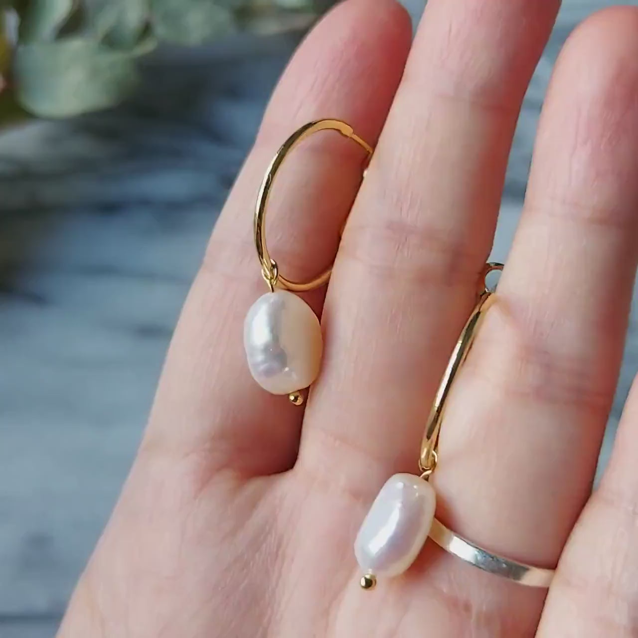 18k Gold Plated Hoop Baroque Pearl Earrings / Minimalist Pearl Earrings