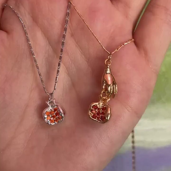 PERSEPHONE Pomegranate/ Hand holding Pomegranate Necklace Gold/Silver / Fruit Necklace