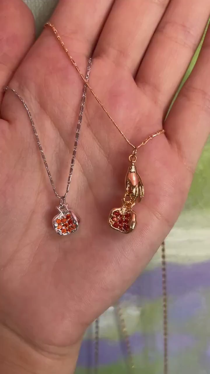 PERSEPHONE Pomegranate/ Hand holding Pomegranate Necklace Gold/Silver / Fruit Necklace