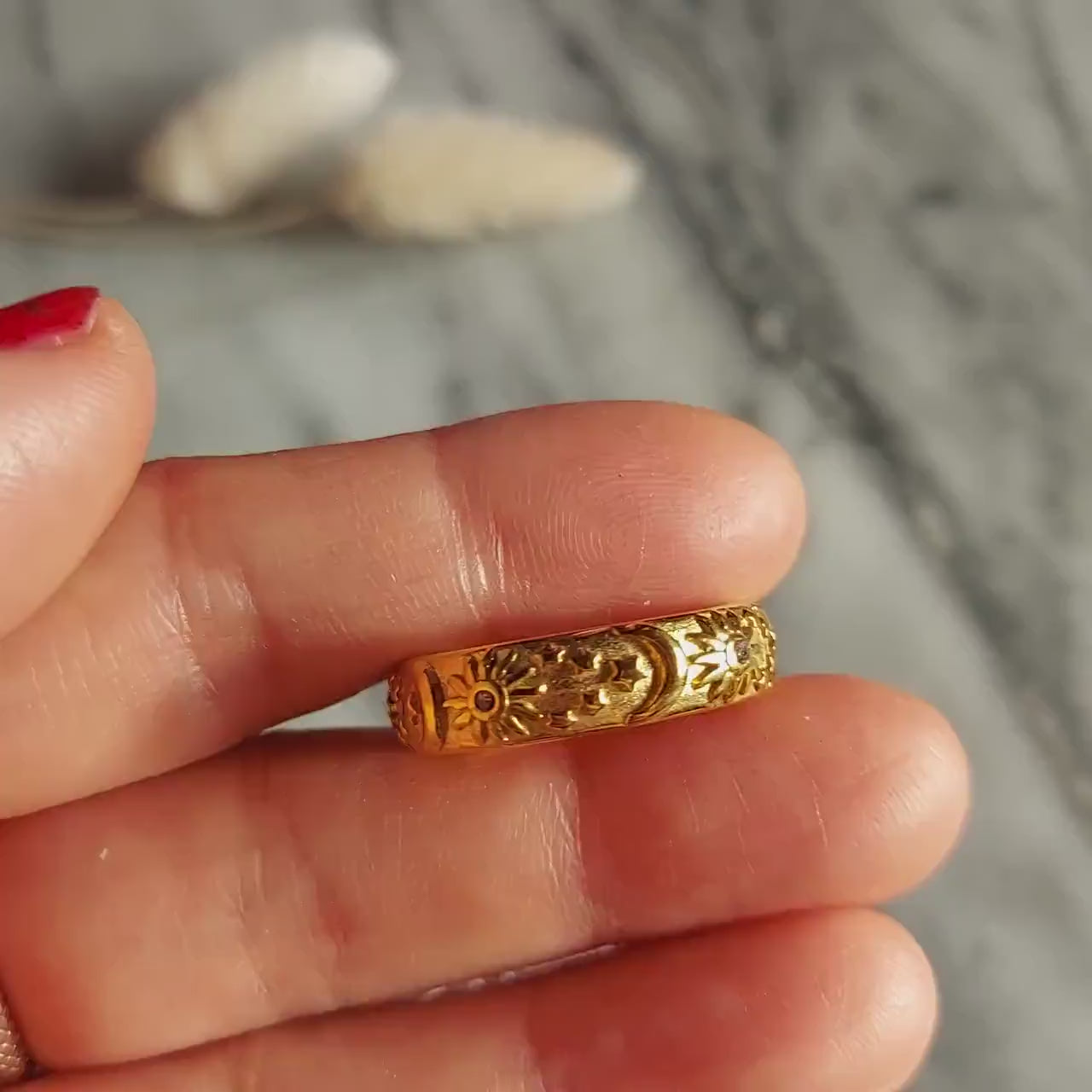 Gold Celestial Engraved Ring / Stars, Moon and Sun Ring