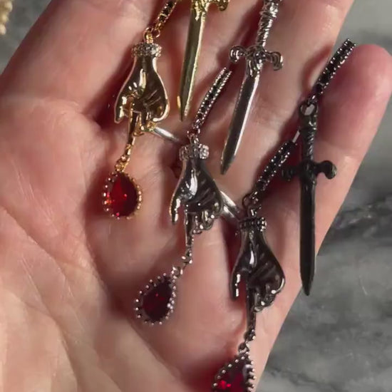 LADY MACBETH Gold / Silver / Black Sword, Hand and Blooddrop Earrings / Hoops