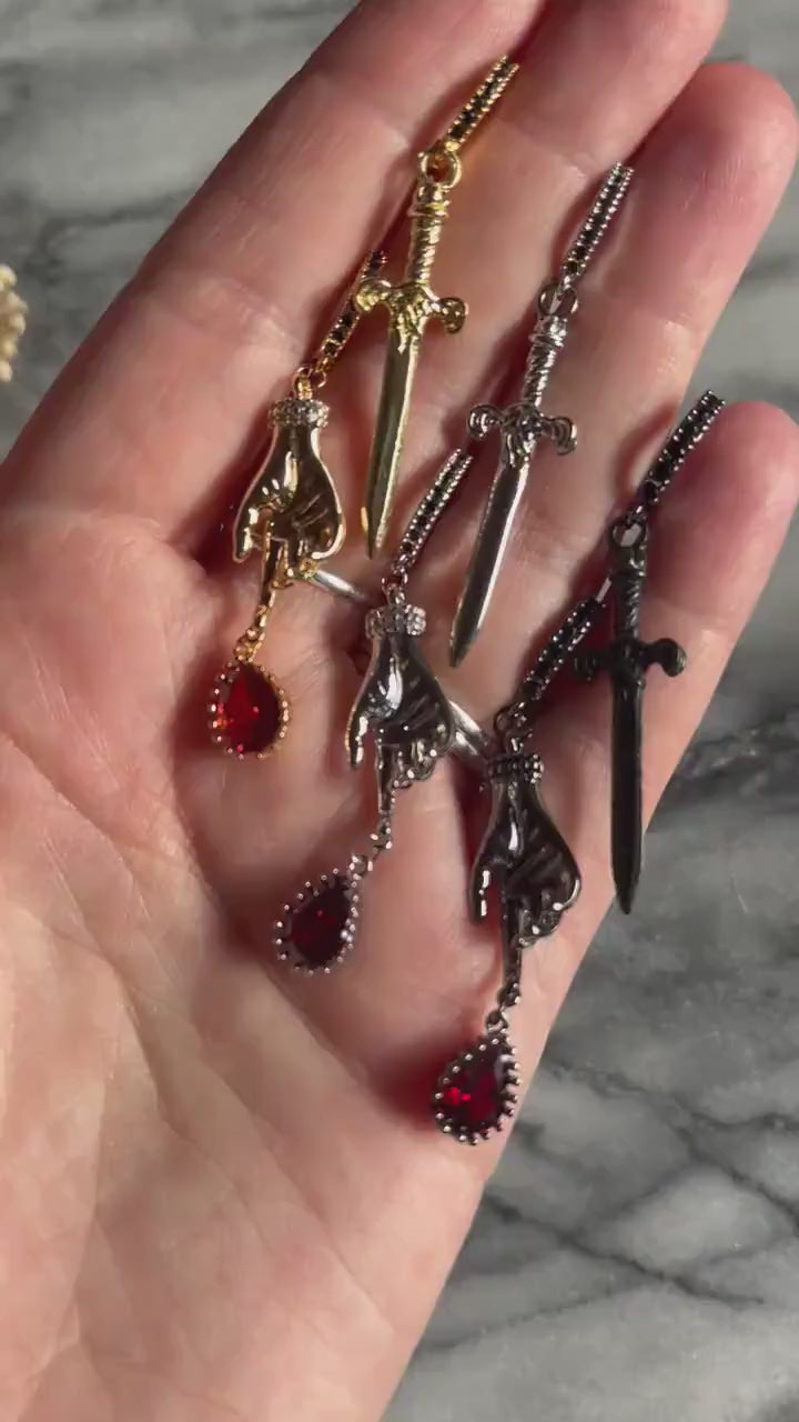 LADY MACBETH Gold / Silver / Black Sword, Hand and Blooddrop Earrings / Hoops