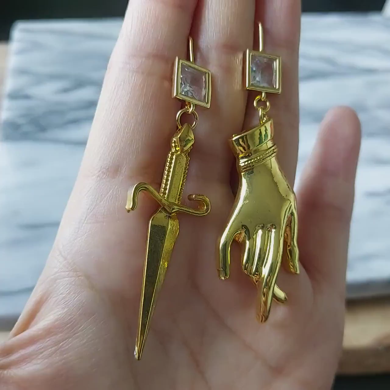 Gold Dagger and Tarot Hand Mismatched Crystal Earrings