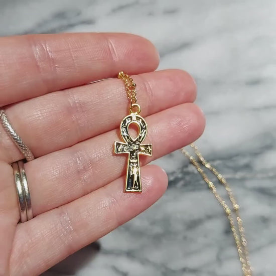 Gold and Black Ankh Pendant Egyptian Hieroglyphics Necklace