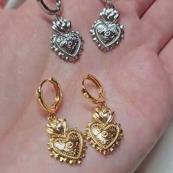 Simple Sacred Heart with Evil Eye Gold / Silver / Black Huggie Earrings