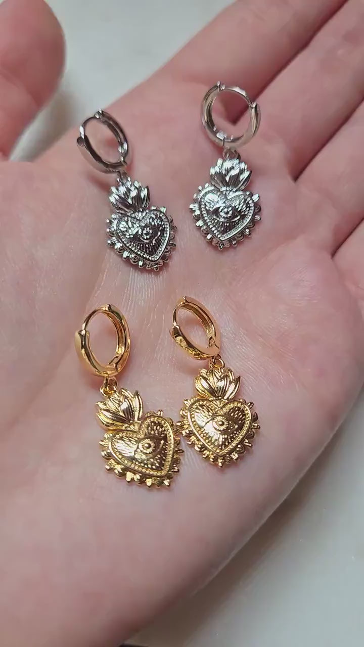 Simple Sacred Heart with Evil Eye Gold / Silver / Black Huggie Earrings