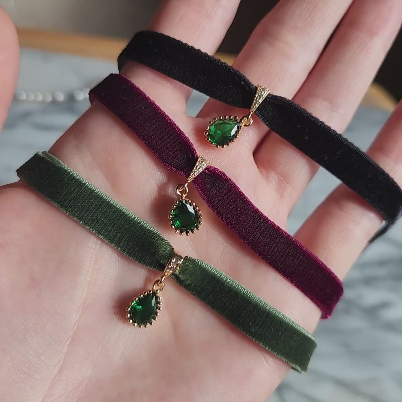 IVY Green Teardrop and Burgundy/Black / Green Stretch Velvet Choker
