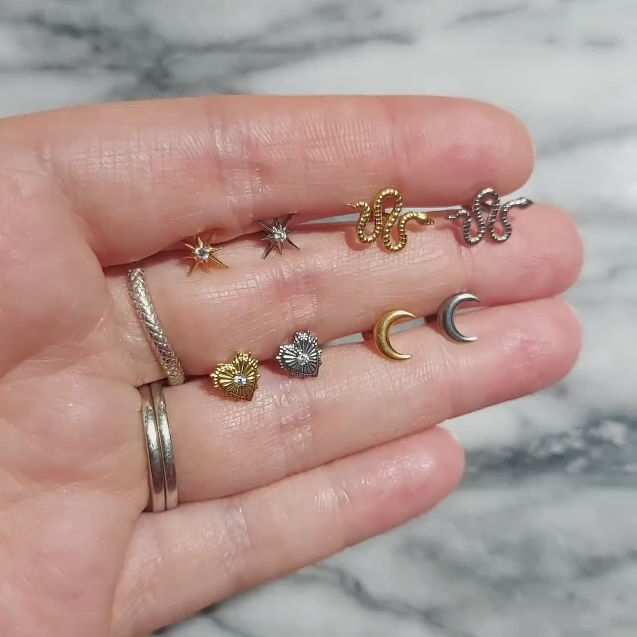 Dainty screw on flat back studs Sacred Heart / Snake/ Moon/ Star/ Earlobe/ Tragus/ Conch/ Helix in Gold/ Silver