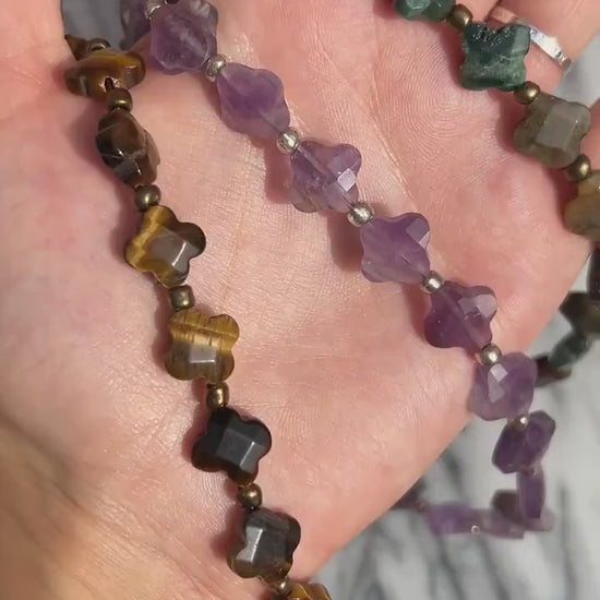 Semi-precious Stone Clover Bead Strand Necklaces / Green, Brown, Purple Stone Bead Necklaces