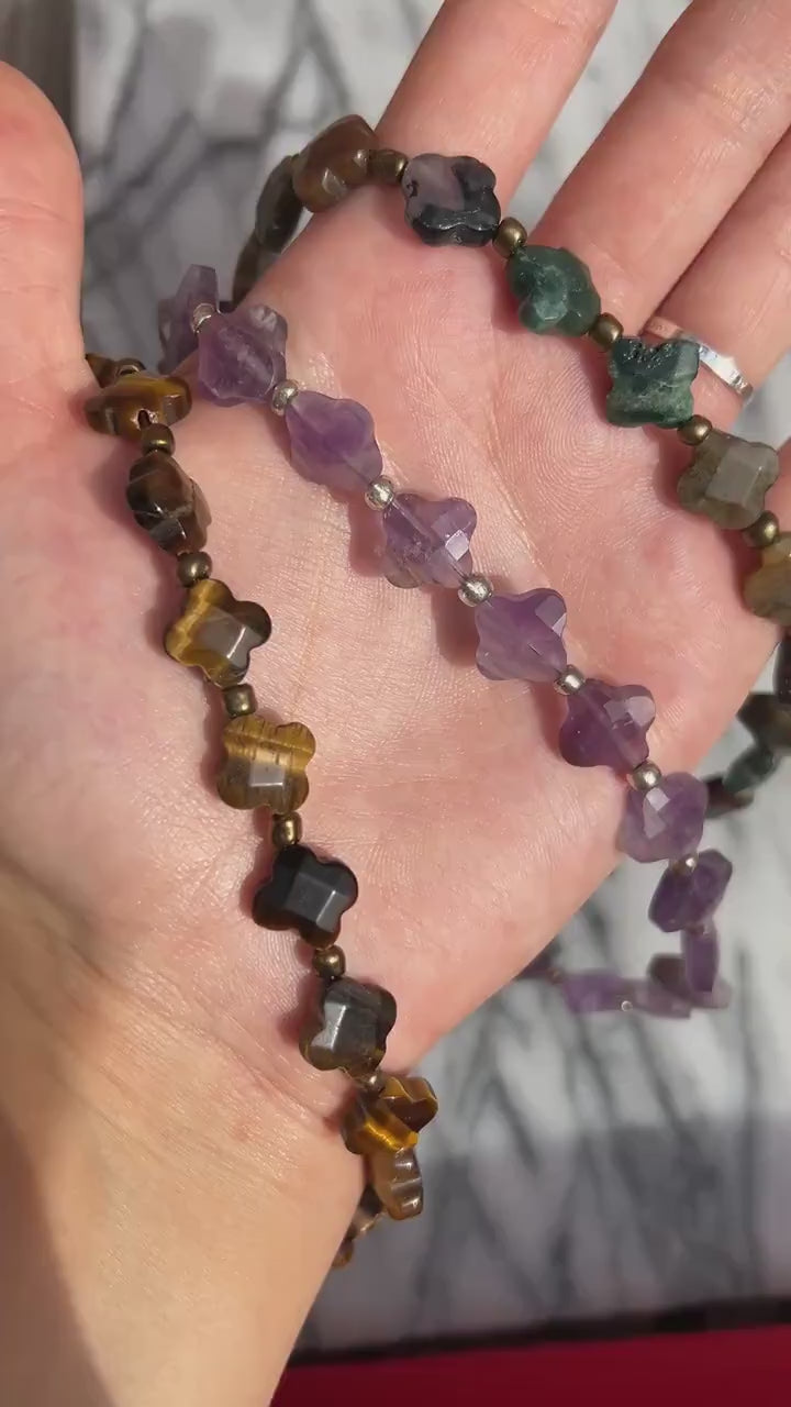 Semi-precious Stone Clover Bead Strand Necklaces / Green, Brown, Purple Stone Bead Necklaces