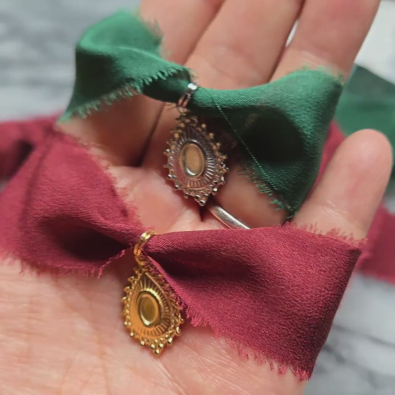Ornate Teardrop 100% Silk Ribbon Choker / Green/Burgundy Ribbon Choker