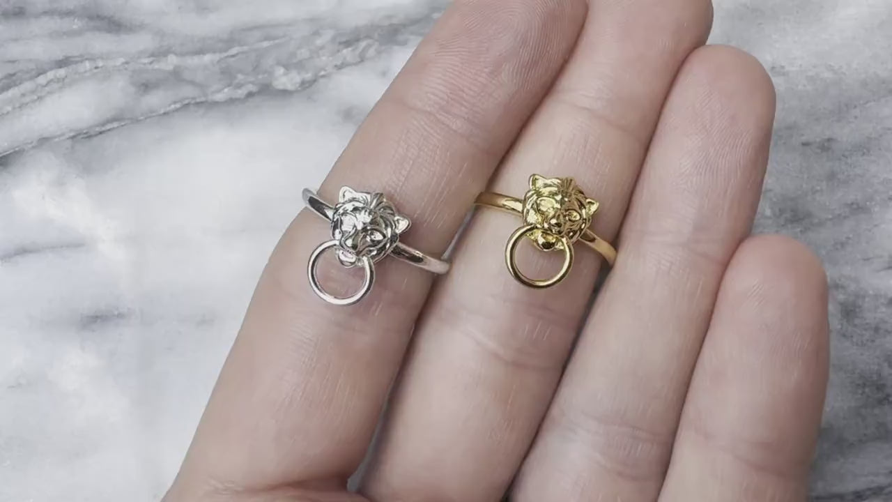 Victorian Style Lion Knocker Ring in Silver / Gold