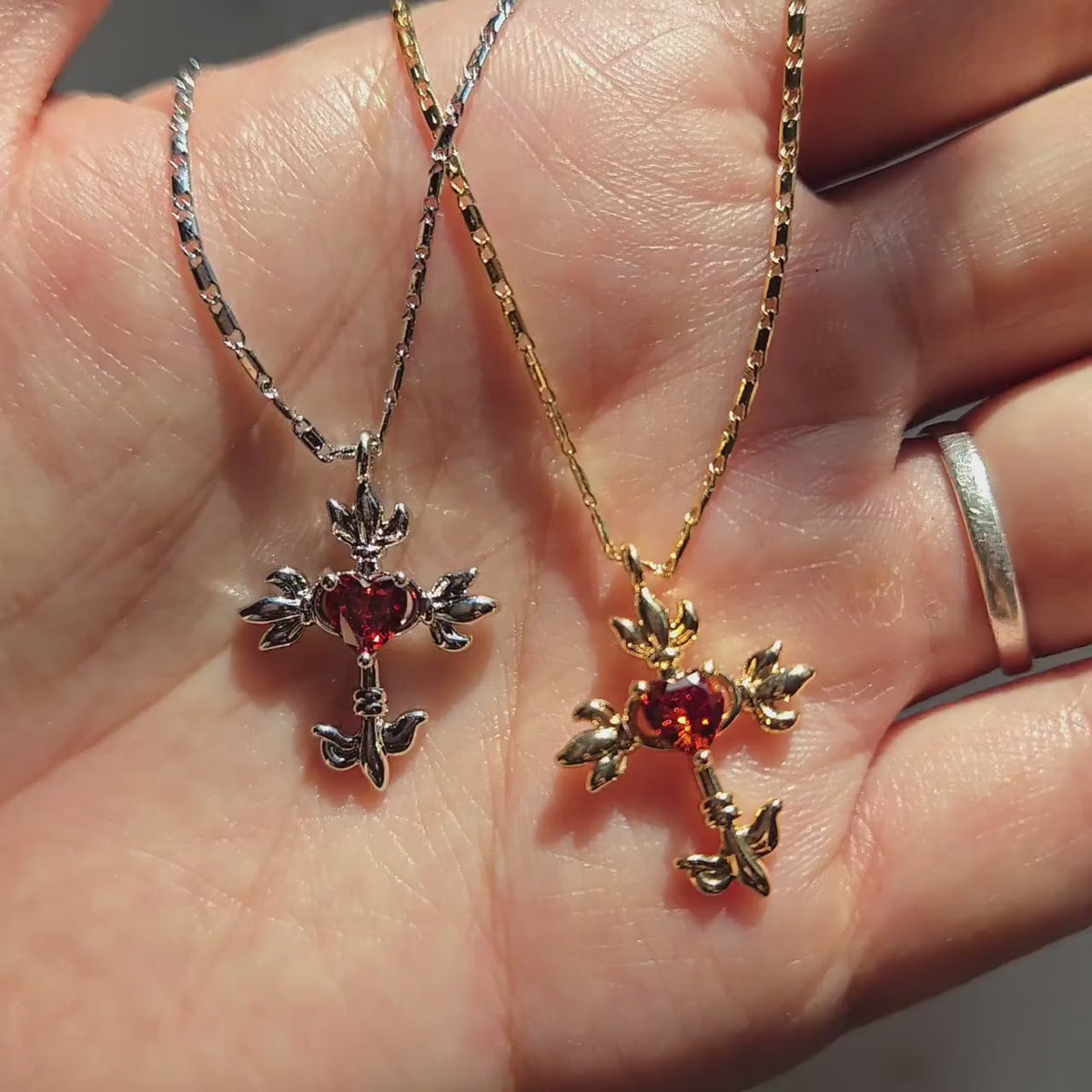 Gold/Silver Red Heart Gem Flaming Cross Pendant Necklace