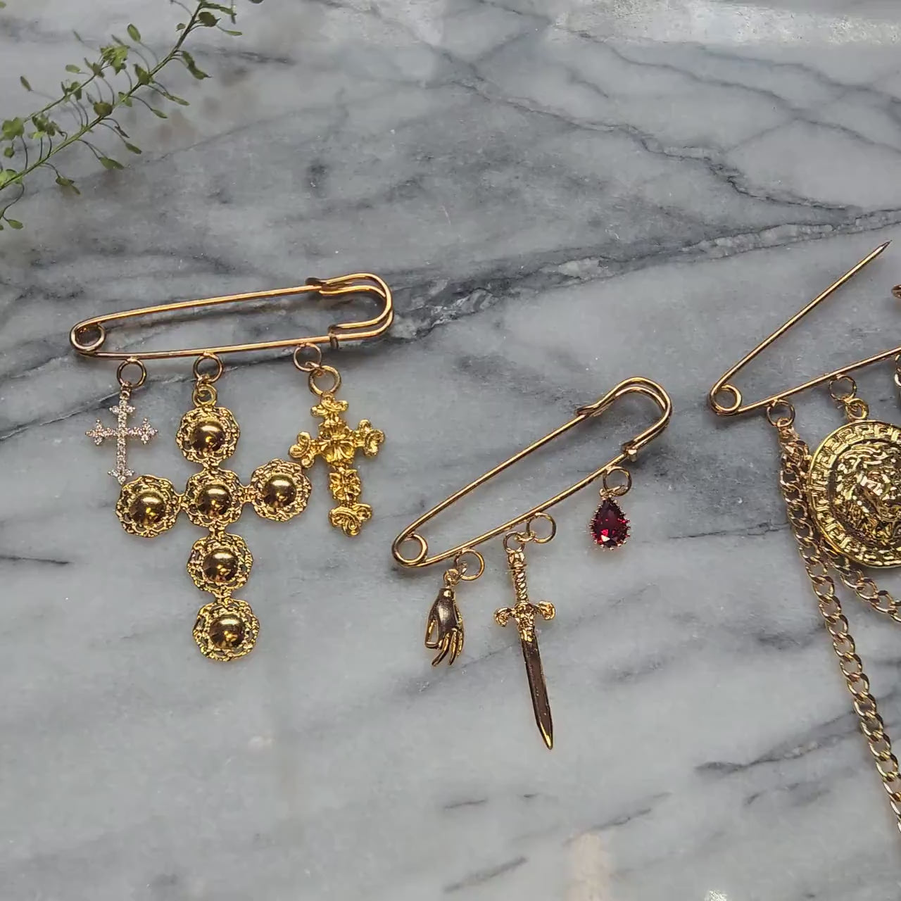 Oversized safety pin Lion / Sword / Cross