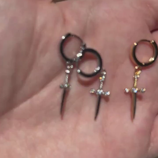 Dainty Dagger Huggies Gold/Silver / Tiny Sword Hoop Earrings