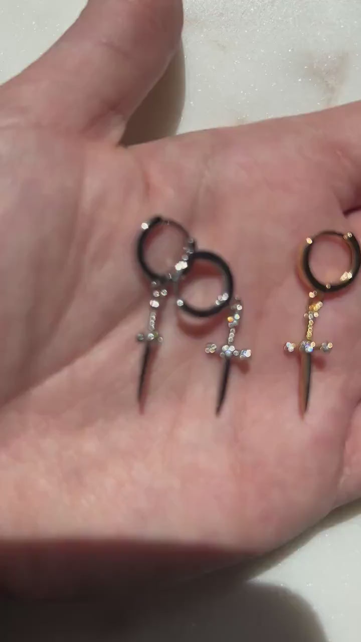 Dainty Dagger Huggies Gold/Silver / Tiny Sword Hoop Earrings