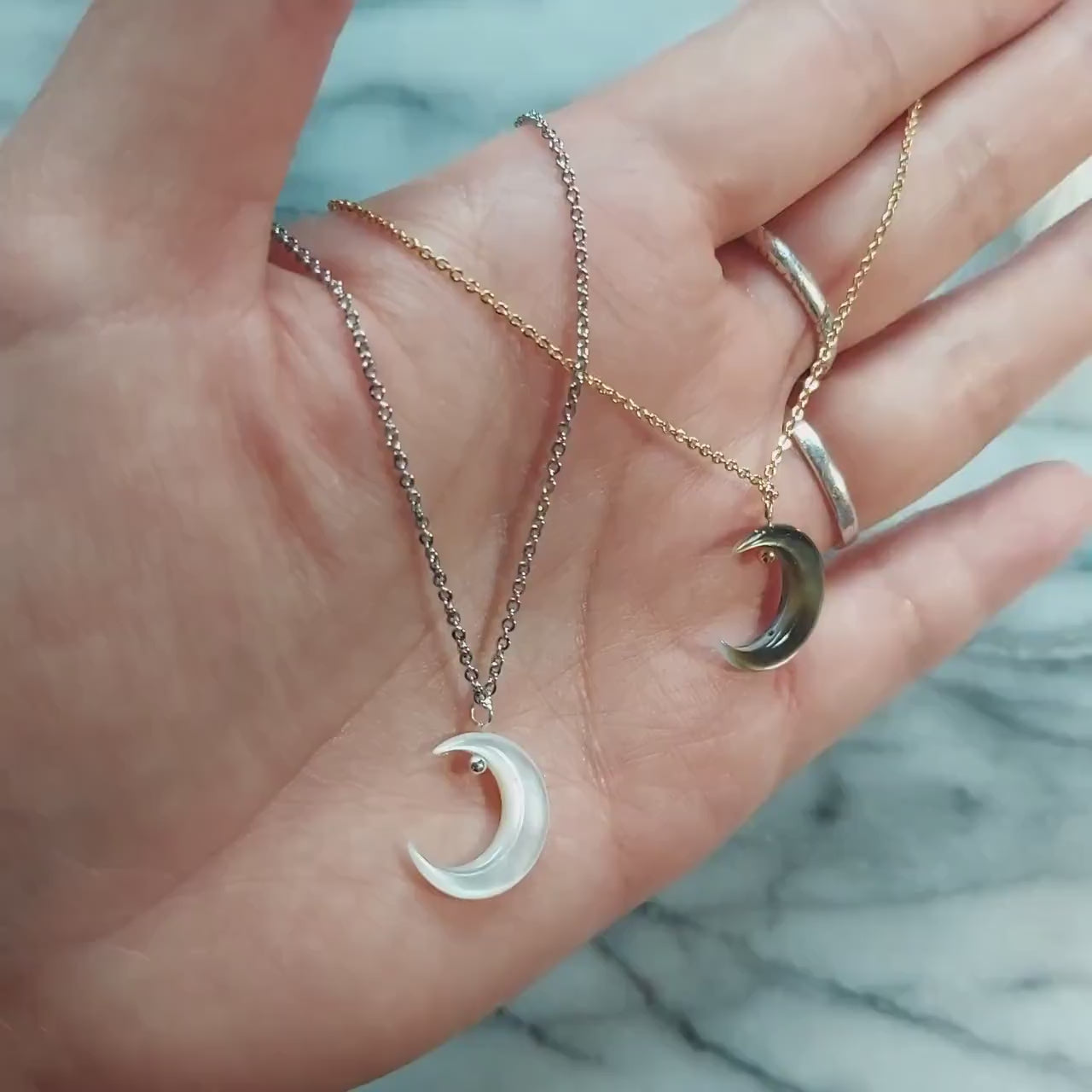 Silver and Gold Pearlescent Moon Necklace
