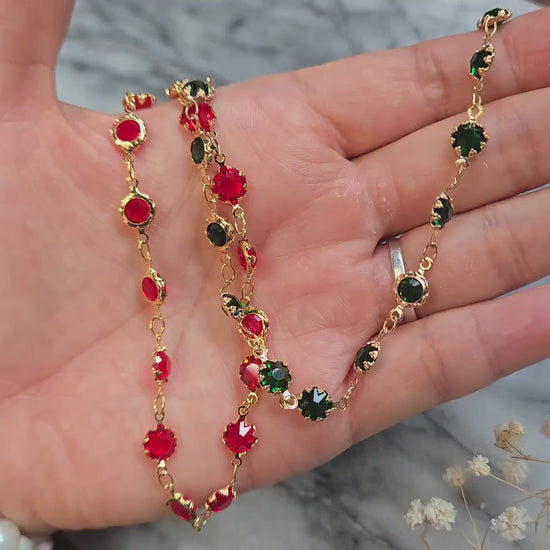 Deep Green / Red Crystal Gold Chain Choker/ Gold Chain Choker