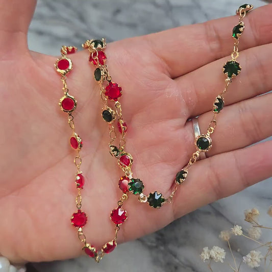Deep Green / Red Crystal Gold Chain Choker/ Gold Chain Choker