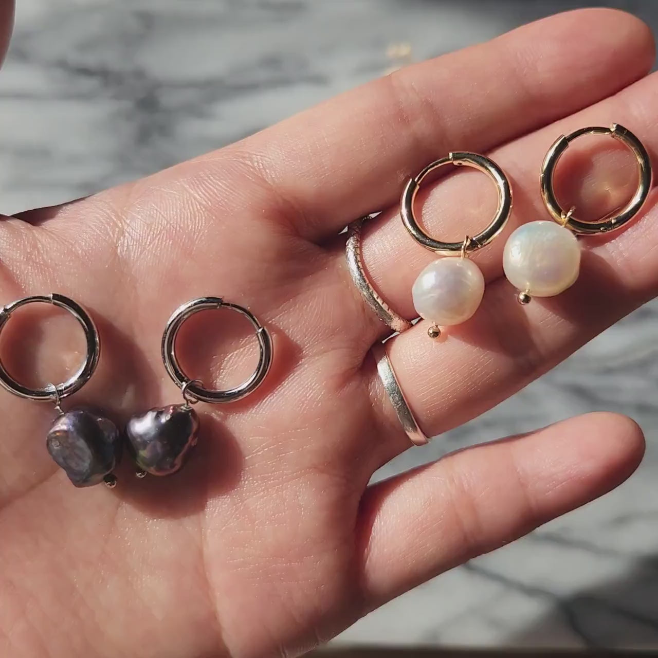 Minimal baroque white/black pearl hoop earrings/ gold and silver plated pearl earrings