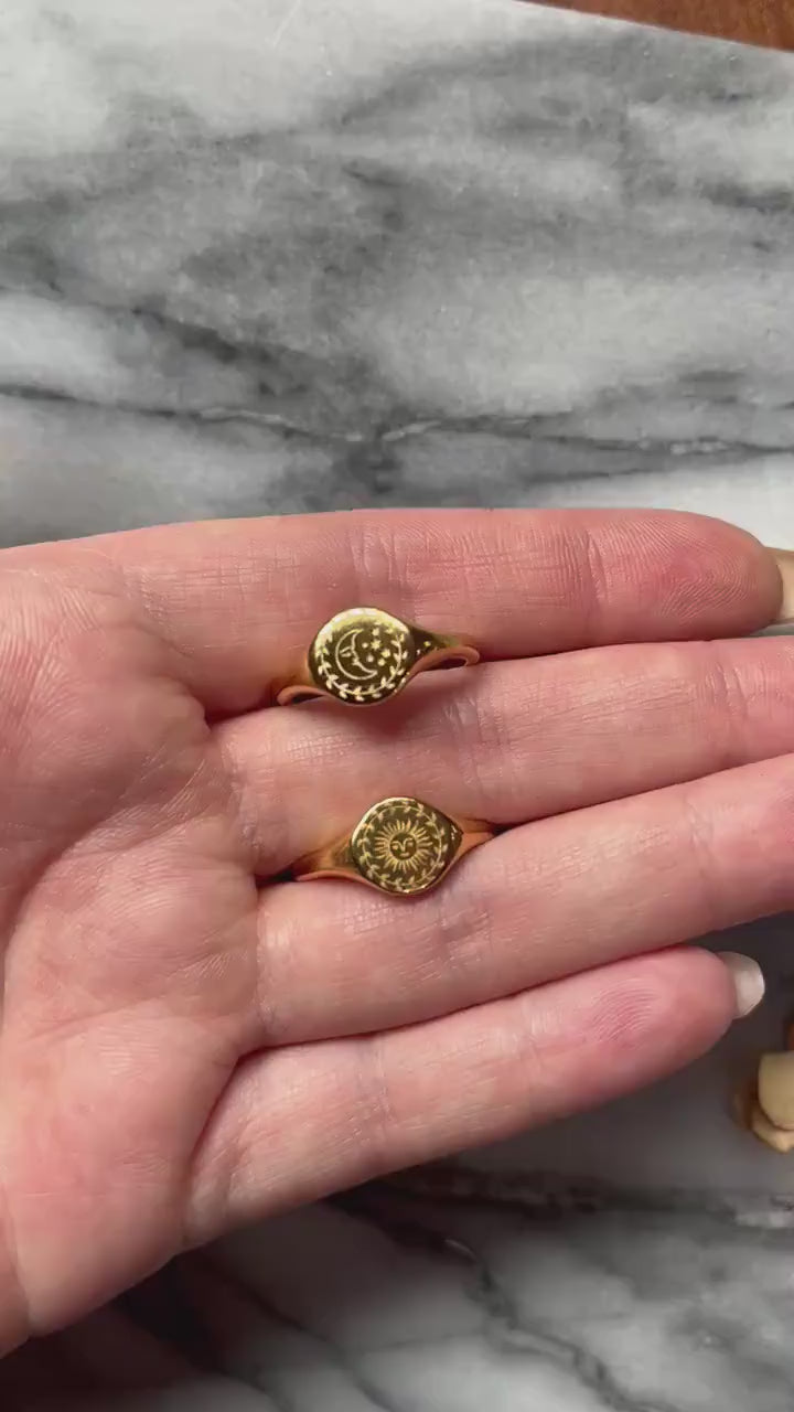 Sun / Moon Engraved 18k Gold plated Signet Ring