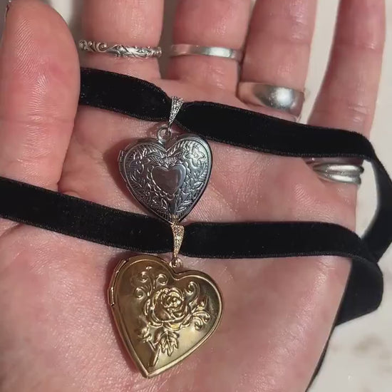 Silver/Gold Heart Locket Black/Purple Stretch Velvet Choker
