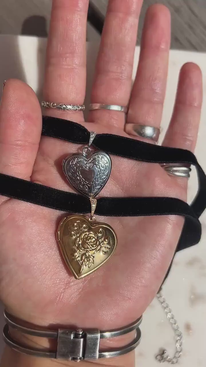 Silver/Gold Heart Locket Black/Purple Stretch Velvet Choker