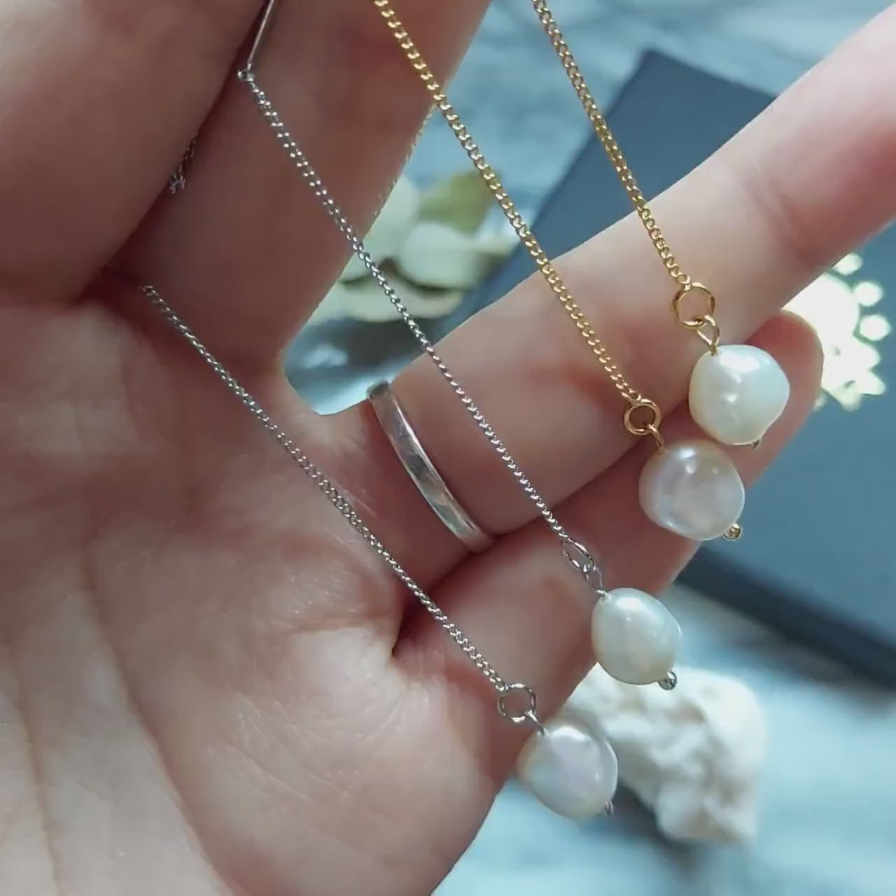 Gold/Silver Minimal Pearl Threader Earrings / Dainty Wedding Earrings