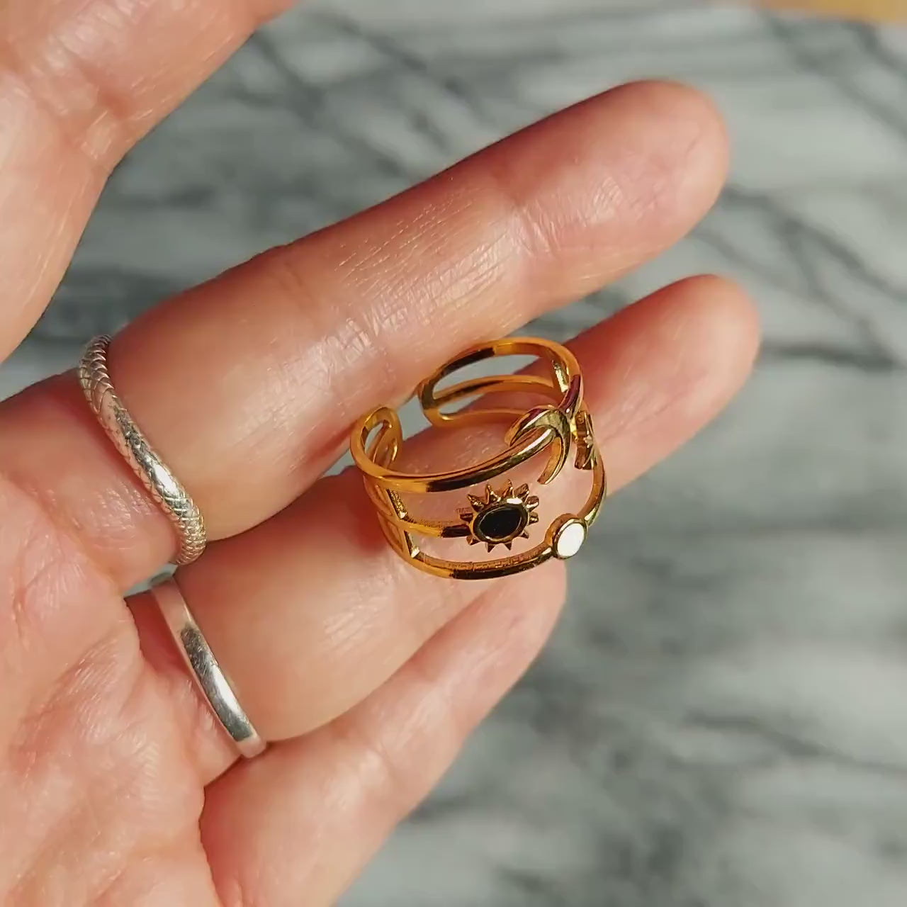 ORION Moon Sun and Star Adjustable Stacked Ring