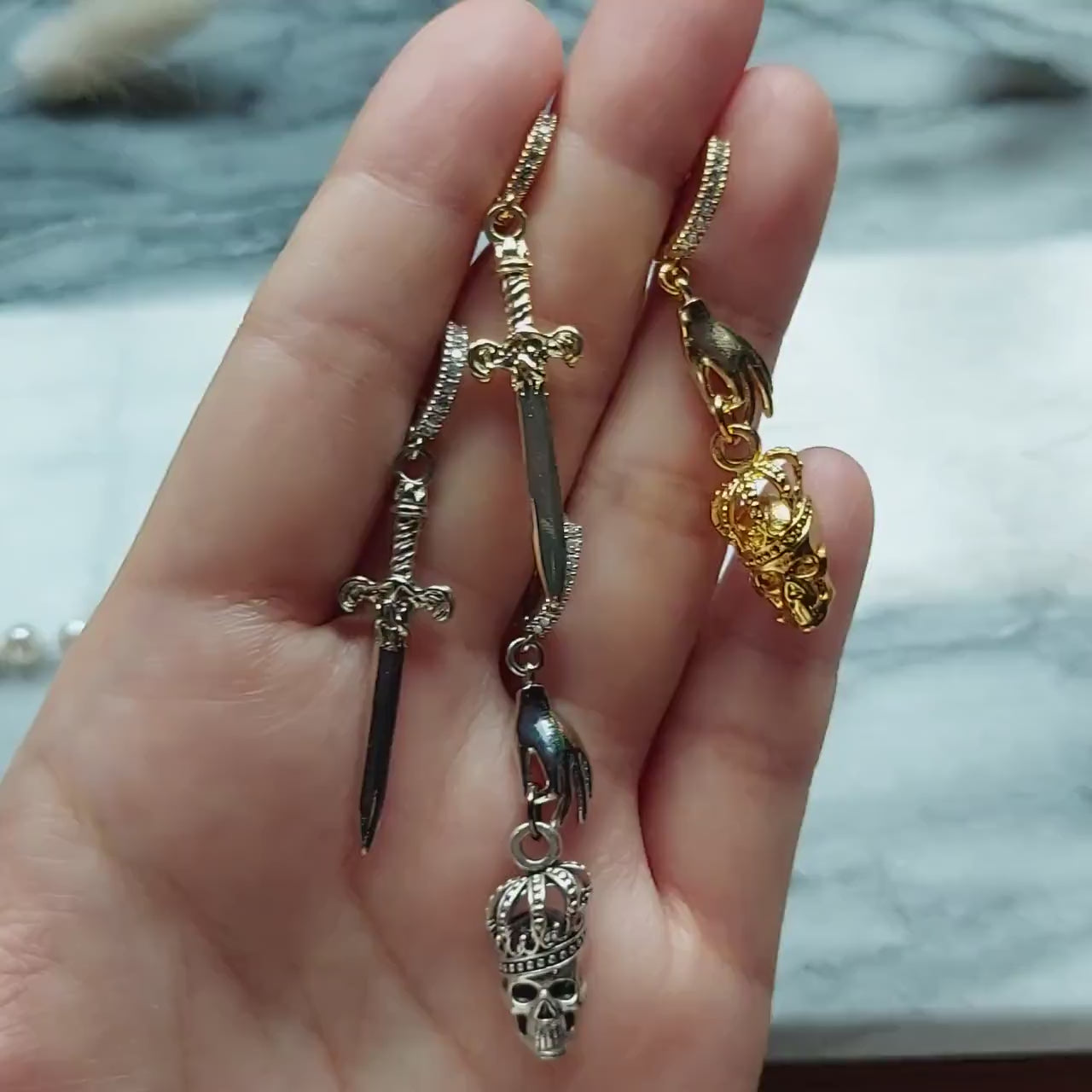 SPARROW Gold/Silver Dagger and Skull Mismatched Huggie Earrings/ Sword and Skull Earrings