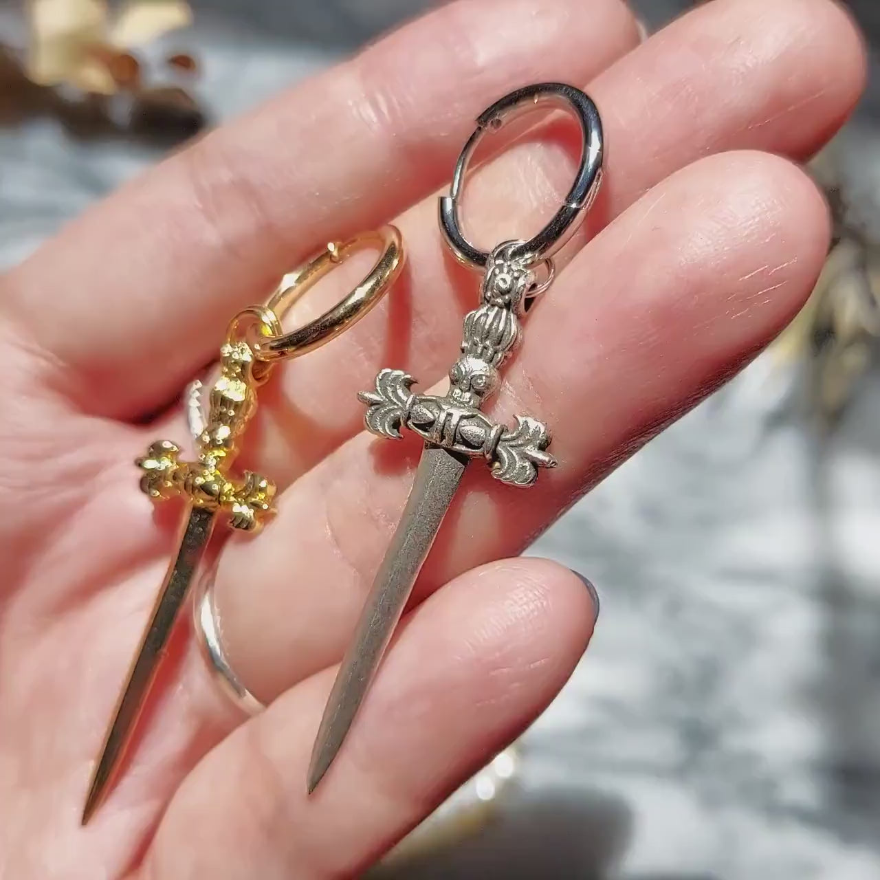 Ace of Swords Dagger Huggie Hoop Earring, Antique Sword Charm (Single)