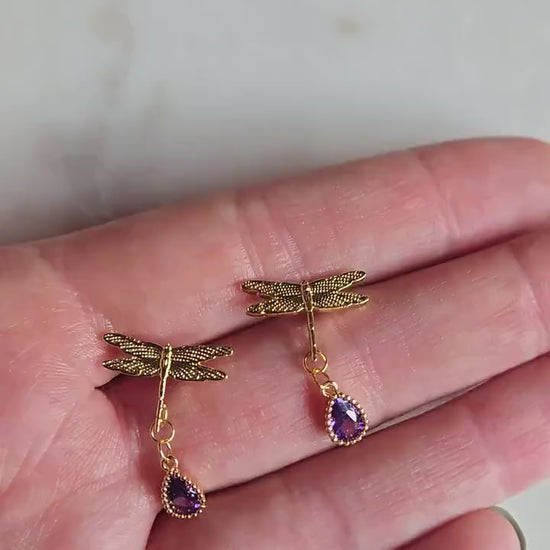 Dragonfly with Purple Gems Stud Earrings/ Y2K Dragonfly Earrings