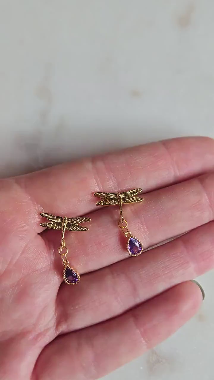 Dragonfly with Purple Gems Stud Earrings/ Y2K Dragonfly Earrings