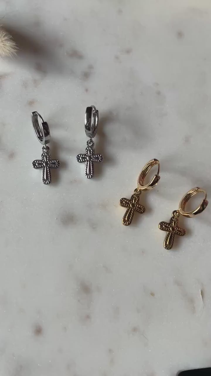 Gold/Silver Chunky Gold Cross Huggies / Hoop Earrings