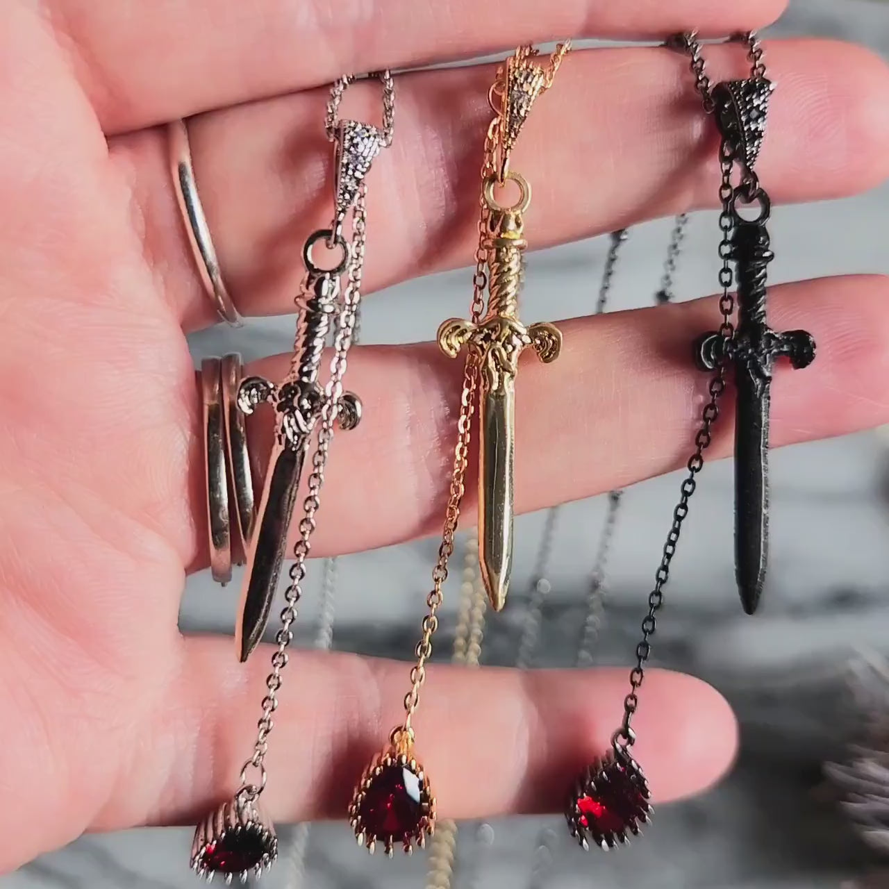 Sword and Blood Drop Necklace / Gold or Silver, Black Deep Red Teardrop Necklace